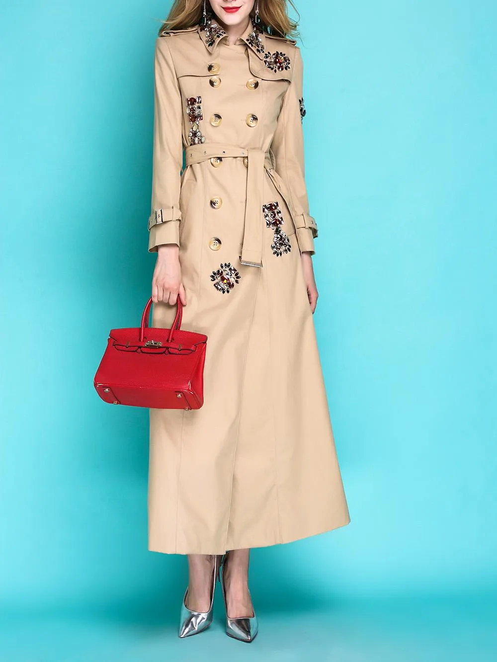 Classic autumn winter luxury limited edition handmade beaded khaki trench coat - Siaha Hearts