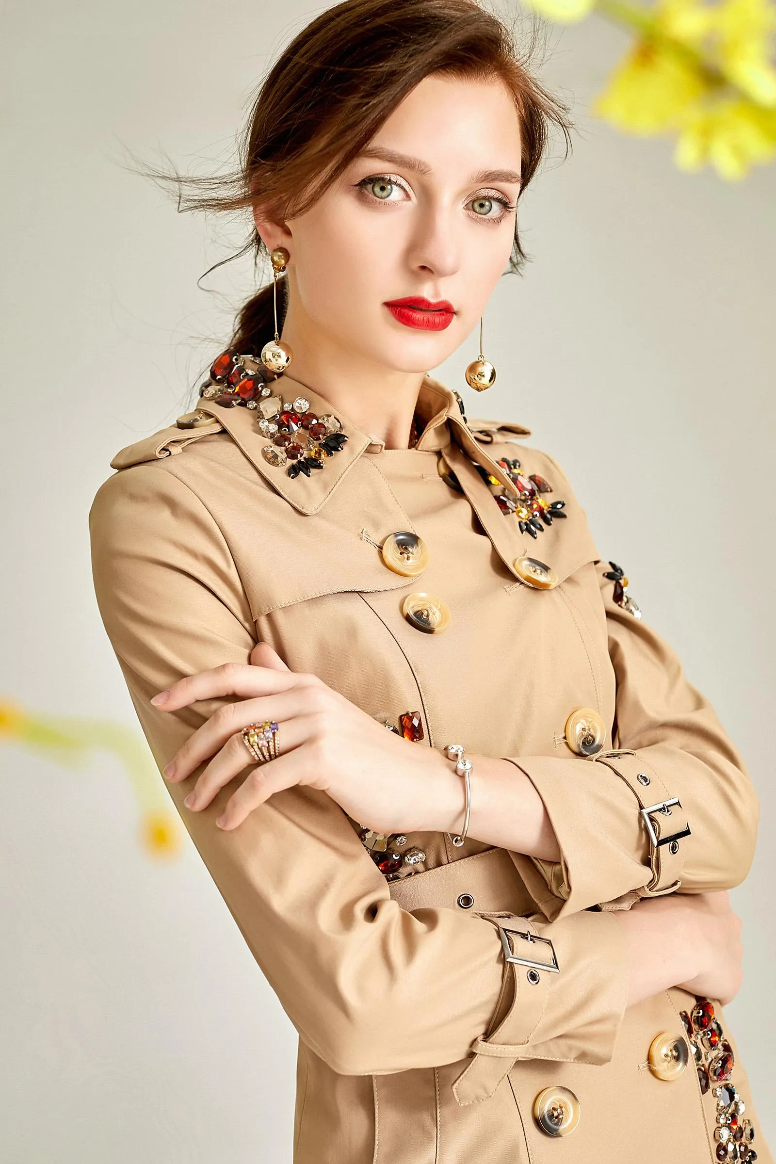 Classic autumn winter luxury limited edition handmade beaded khaki trench coat - Siaha Hearts