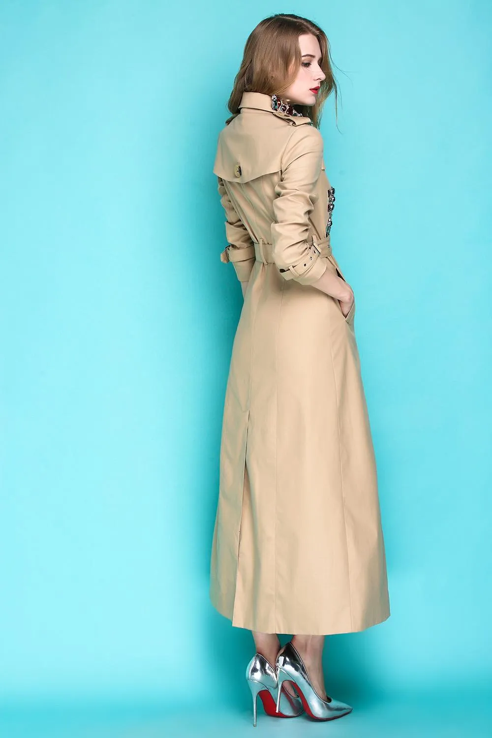 Classic autumn winter luxury limited edition handmade beaded khaki trench coat - Siaha Hearts