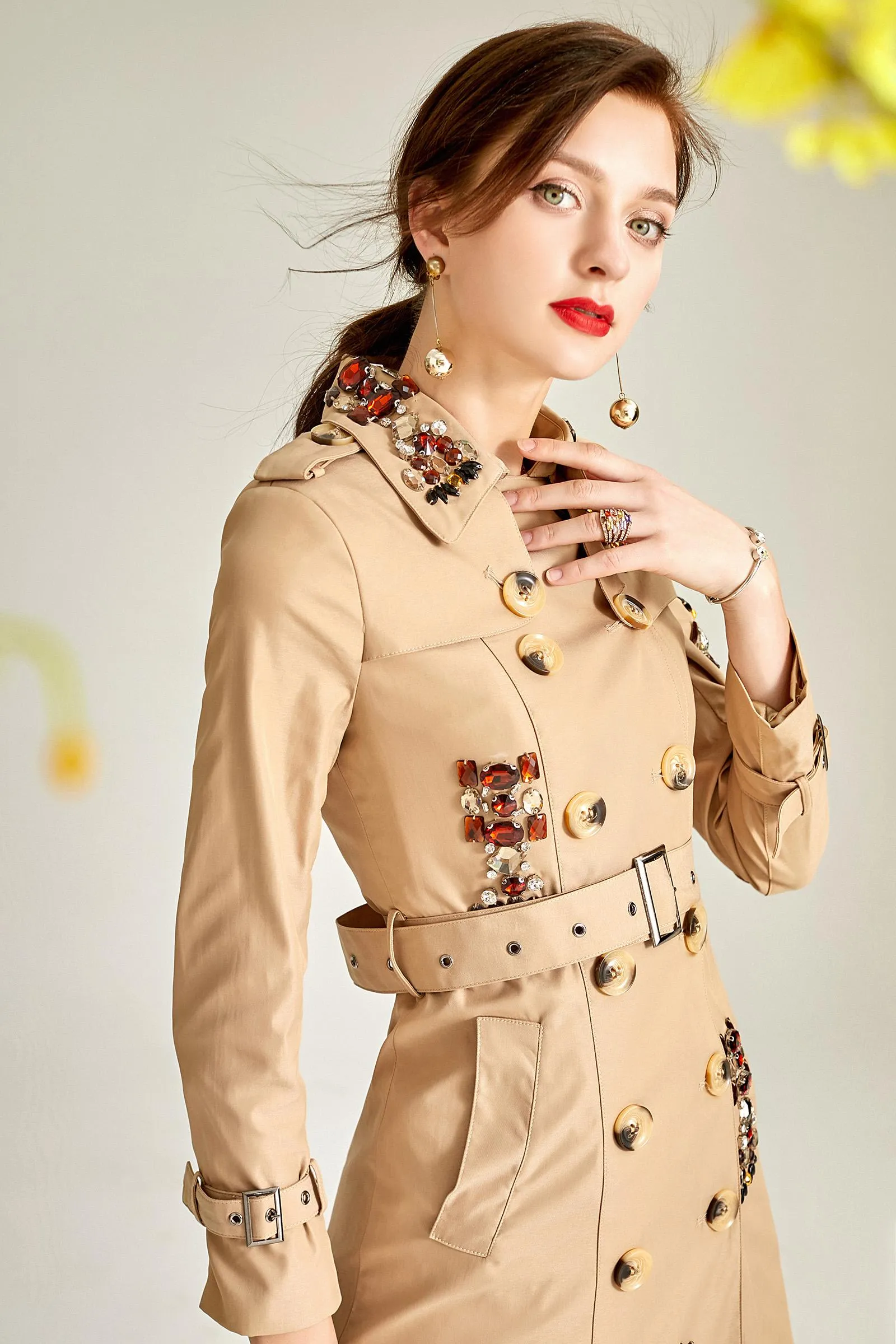 Classic autumn winter luxury limited edition handmade beaded khaki trench coat - Siaha Hearts