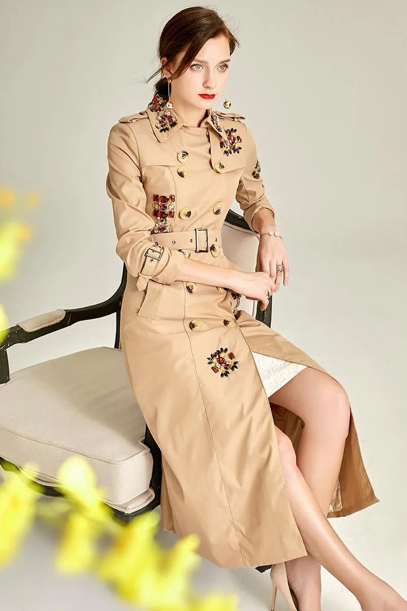 Classic autumn winter luxury limited edition handmade beaded khaki trench coat - Siaha Hearts