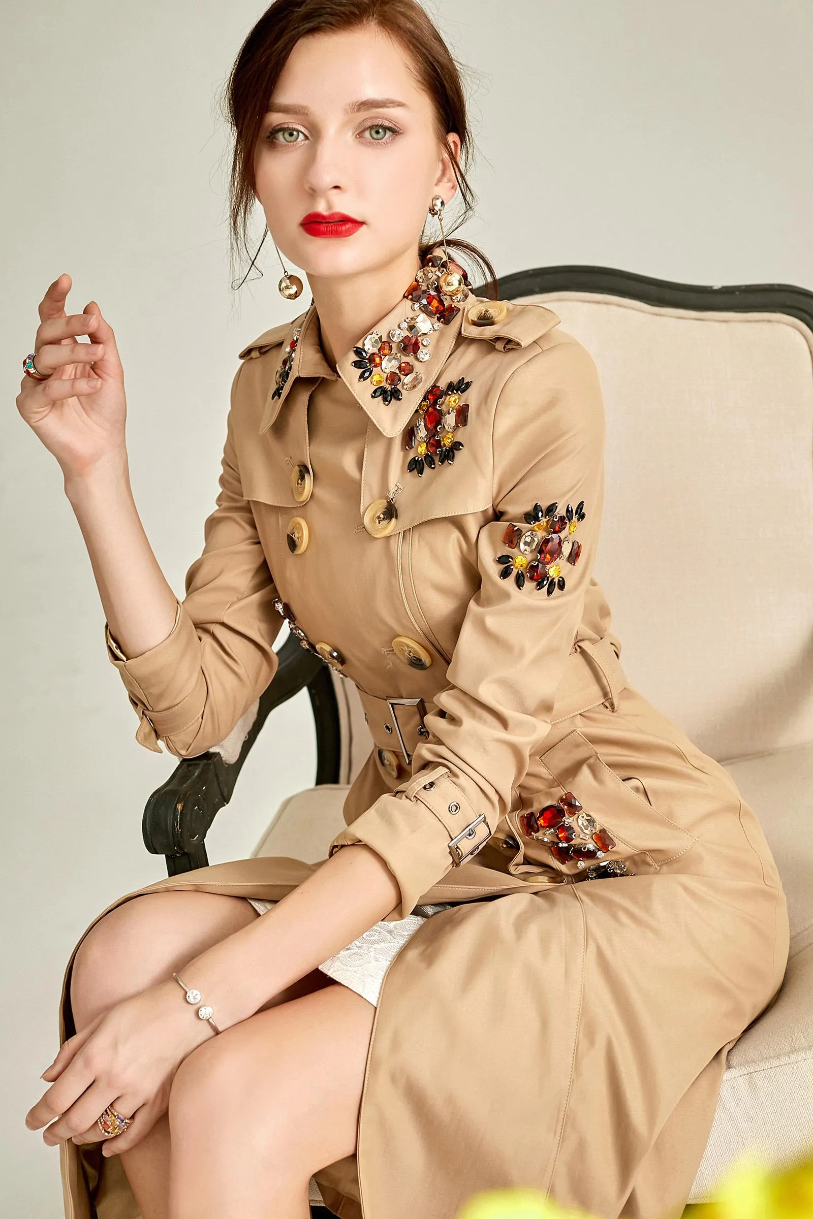 Classic autumn winter luxury limited edition handmade beaded khaki trench coat - Siaha Hearts