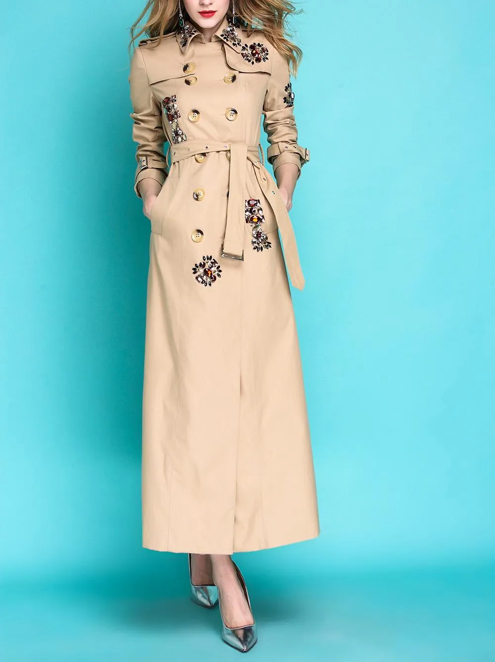 Classic autumn winter luxury limited edition handmade beaded khaki trench coat - Siaha Hearts