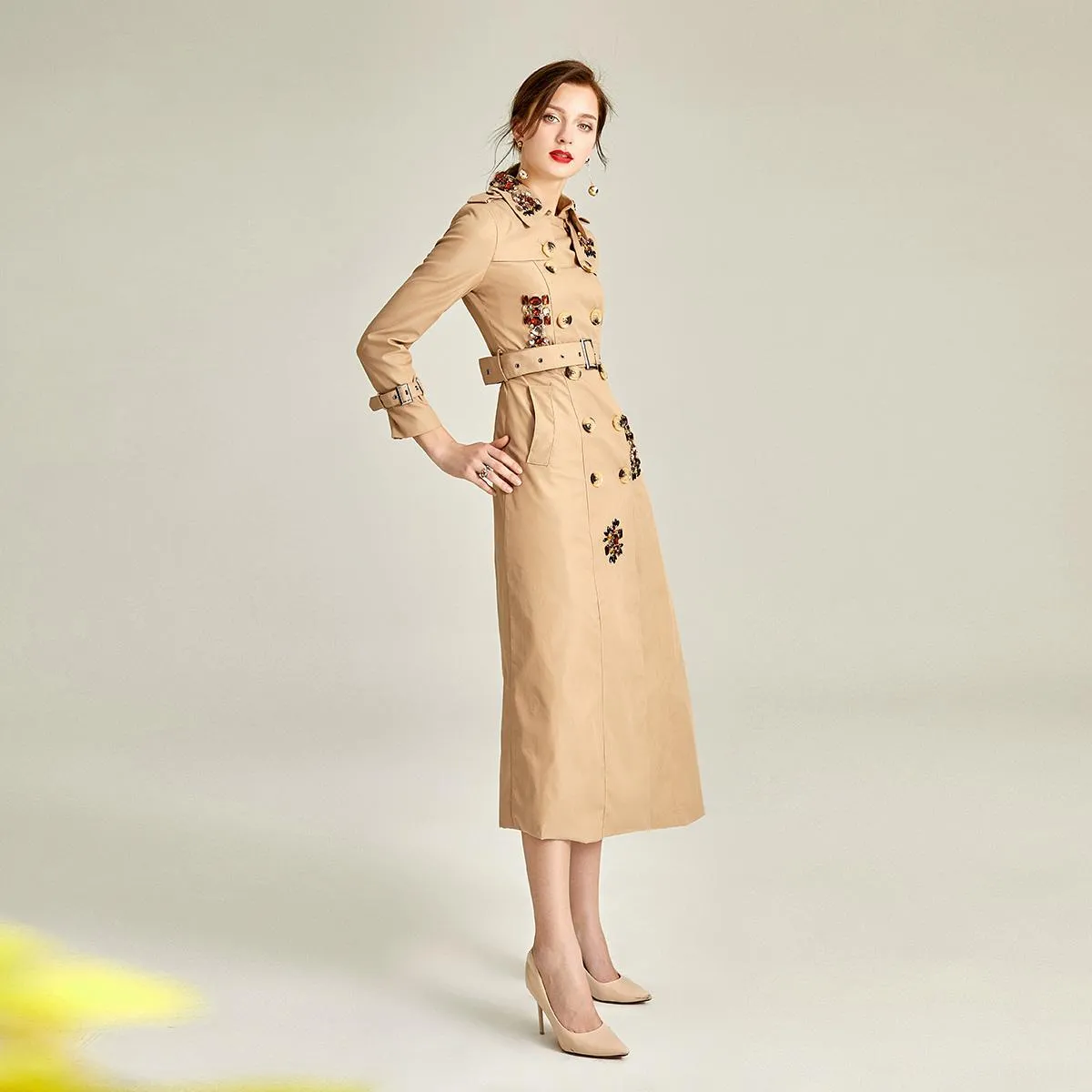 Classic autumn winter luxury limited edition handmade beaded khaki trench coat - Siaha Hearts