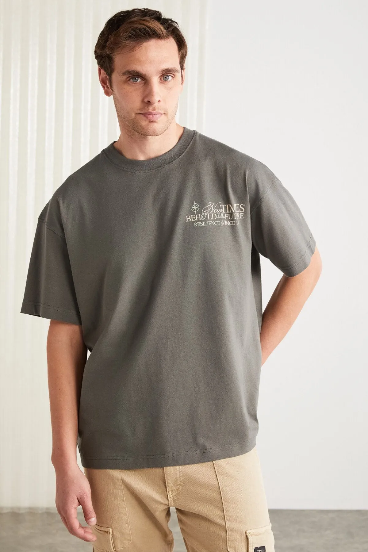 Colibri Men's Front Rear Print Detailed Oversize Short Sleeve Bike Neck Organic Cotton Gray Gray T-Shirt