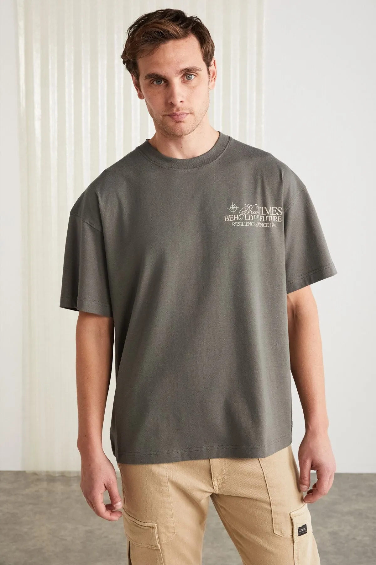 Colibri Men's Front Rear Print Detailed Oversize Short Sleeve Bike Neck Organic Cotton Gray Gray T-Shirt