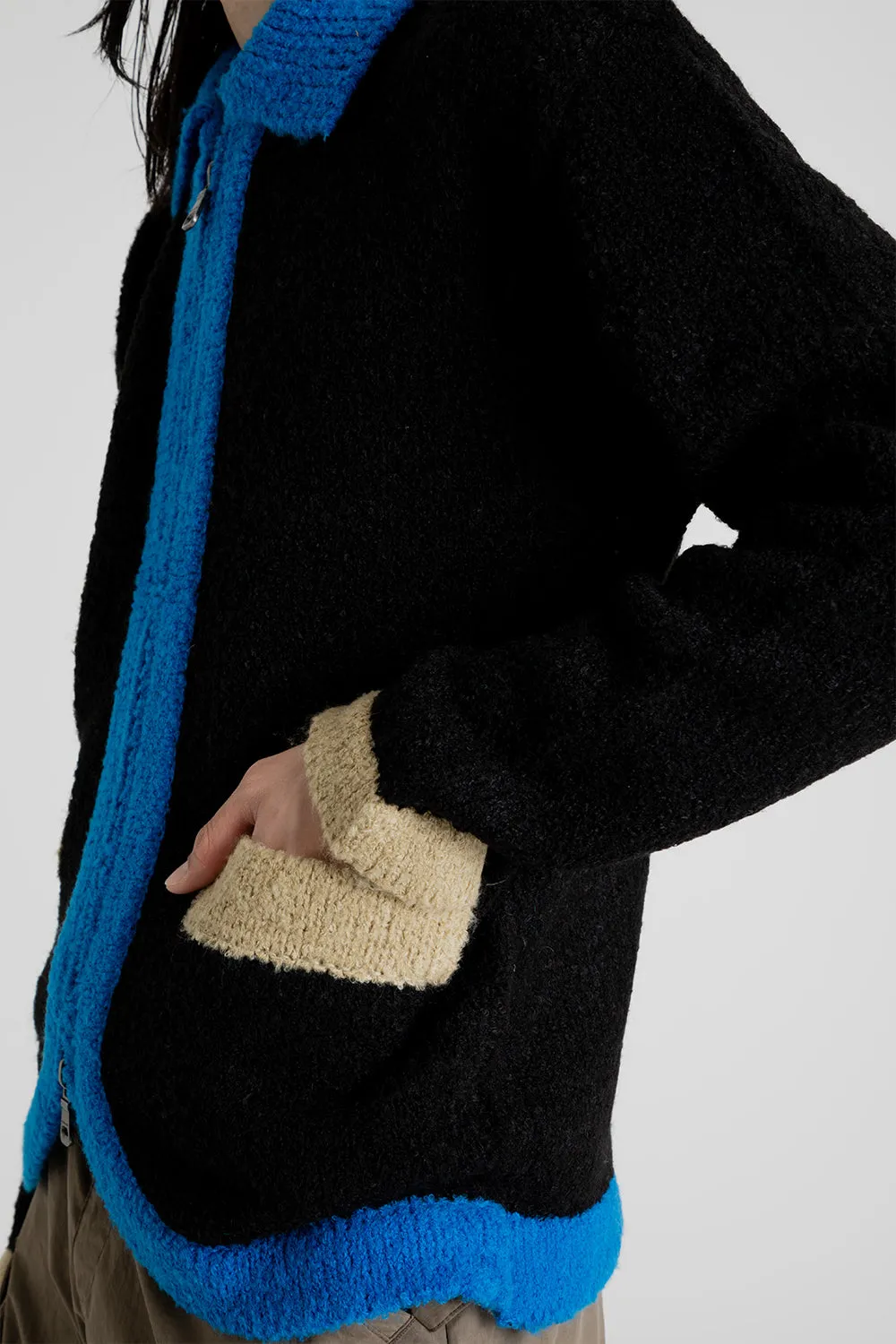 Collar Zip Knit Cardigan - Black