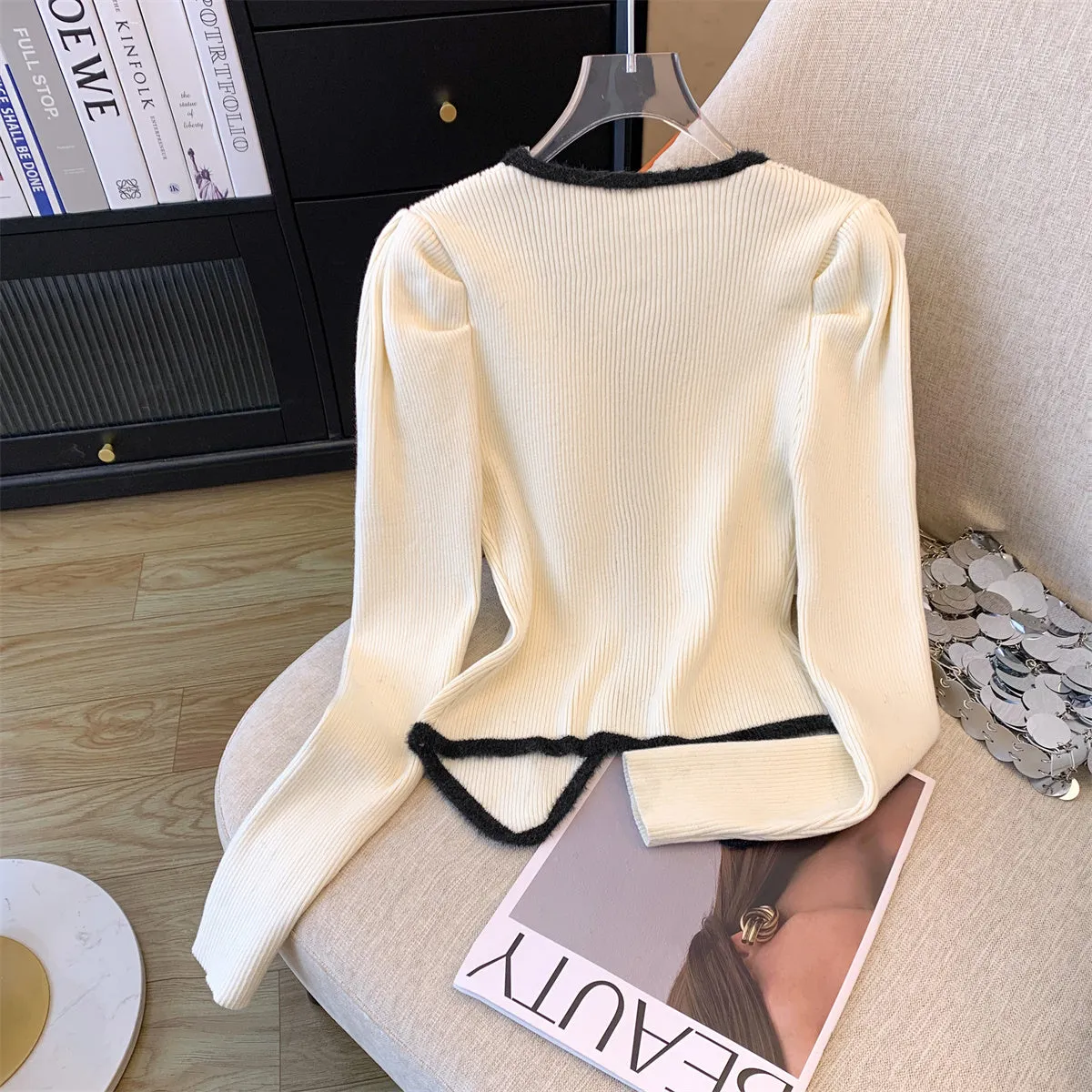 Color Blocking V-neck Zipped Cardigan