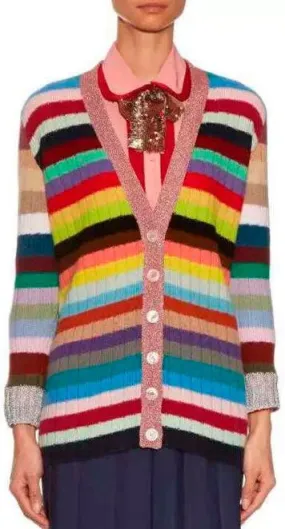 Color-Stripe Knit Cardigan Sweater