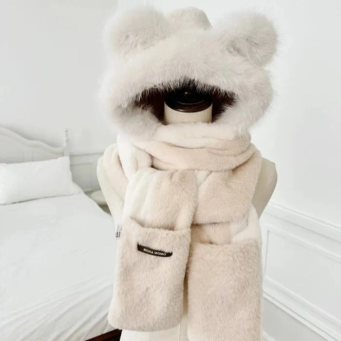 Cozy Velvet Bear Ears Winter Set - Scarf, Gloves, and Hat