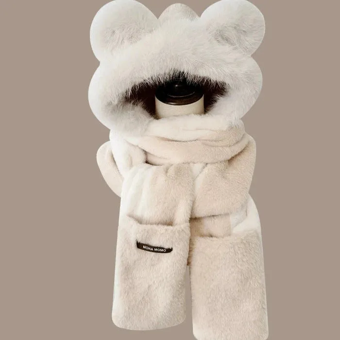 Cozy Velvet Bear Ears Winter Set - Scarf, Gloves, and Hat