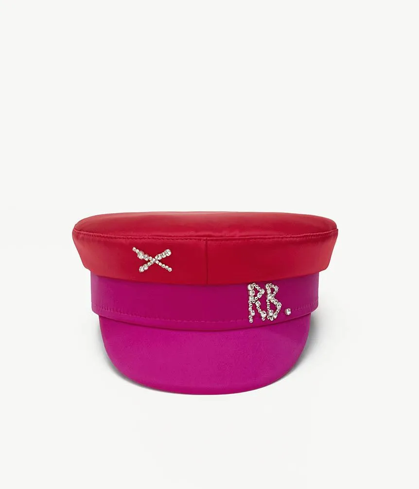 Crystal-Embellished Two-colored Satin Baker Boy Cap