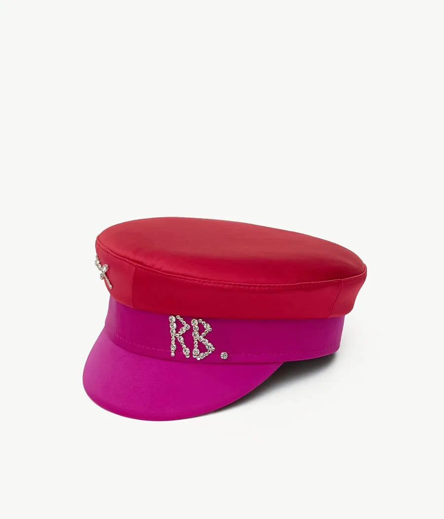 Crystal-Embellished Two-colored Satin Baker Boy Cap