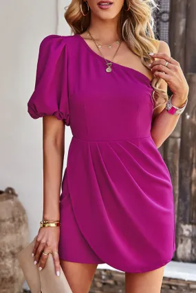Detail Puff Sleeve One-Shoulder Pleated Romper
