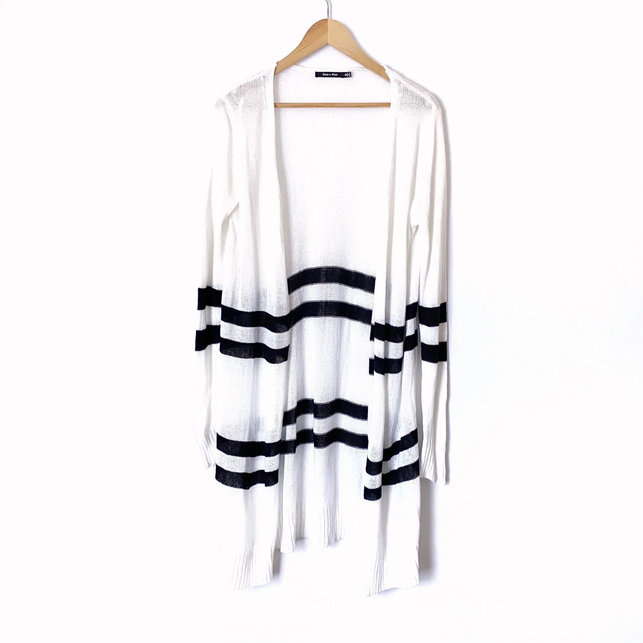 Doe & Rae White Striped Knit Open Long Cardigan- Size S