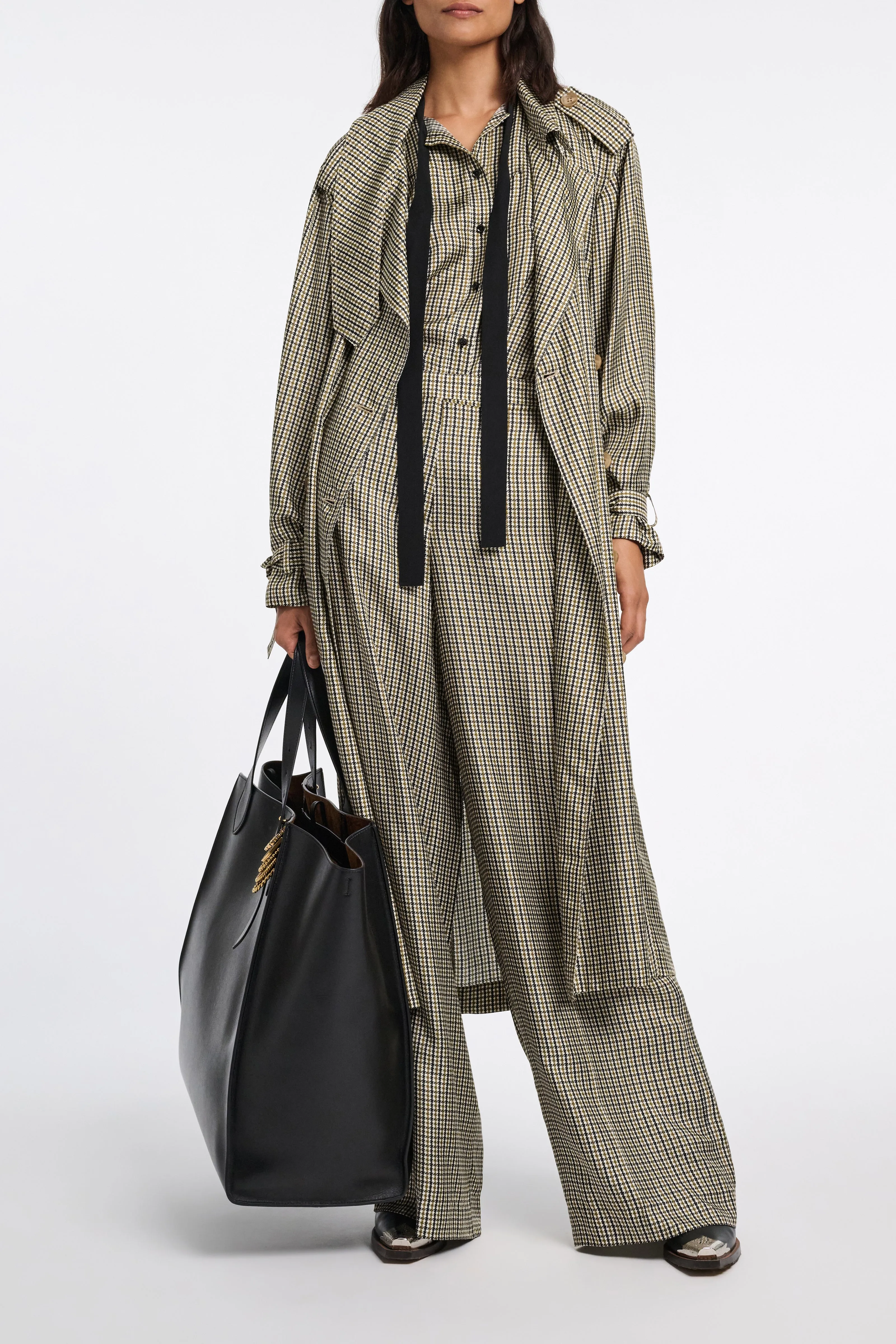 Dorothee Schumacher Double-Breasted Houndstooth Check Trench Coat Dress in Leguan Green