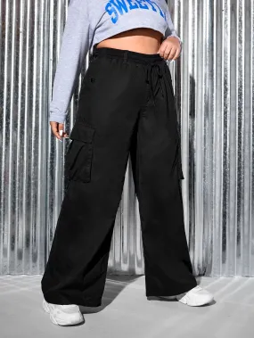 Drawstring Waist Flap Pocket Side Cargo Jeans