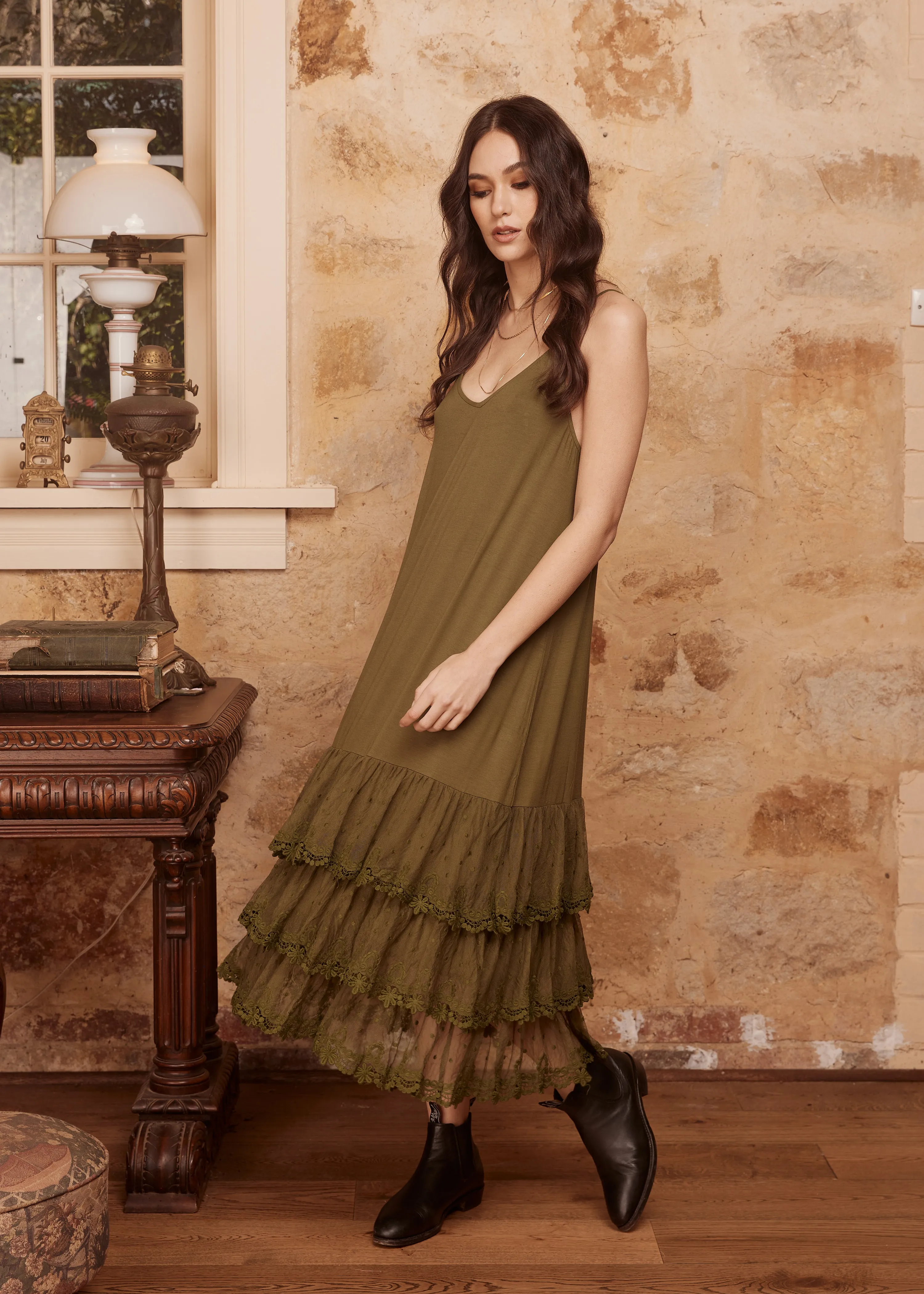 Evangeline slip dress. Moss