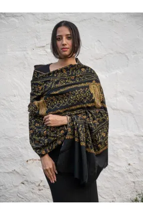 Exclusive, Fine Hand Embroidered Kashmiri Shawl - Black Paisley