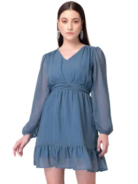 Faballey Women's Georgette Skater Standard Length Dresses (Blue)