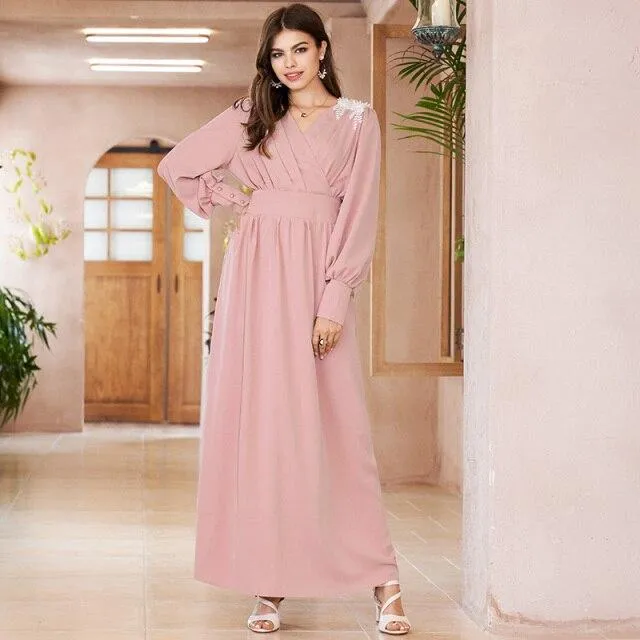 FashionSierra - Women Backless Dress Elegant Banquet High Waist Dress Appliques Decoration Latern Long Sleeve Maxi Dresses Women