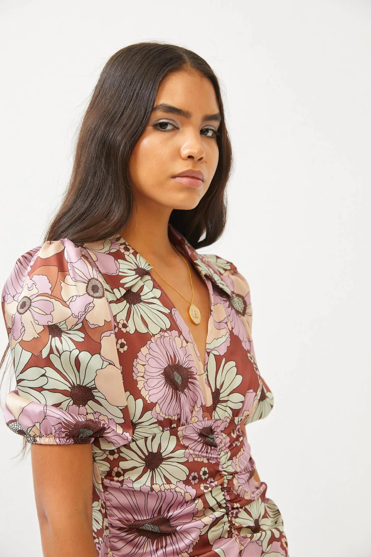 Floral Print Brown Silky Ruched Front Puff Sleeve Midi Dress