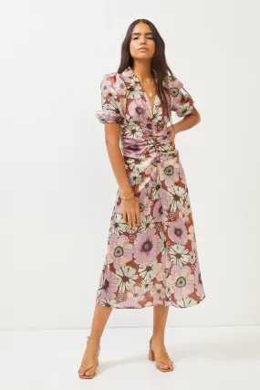 Floral Print Brown Silky Ruched Front Puff Sleeve Midi Dress