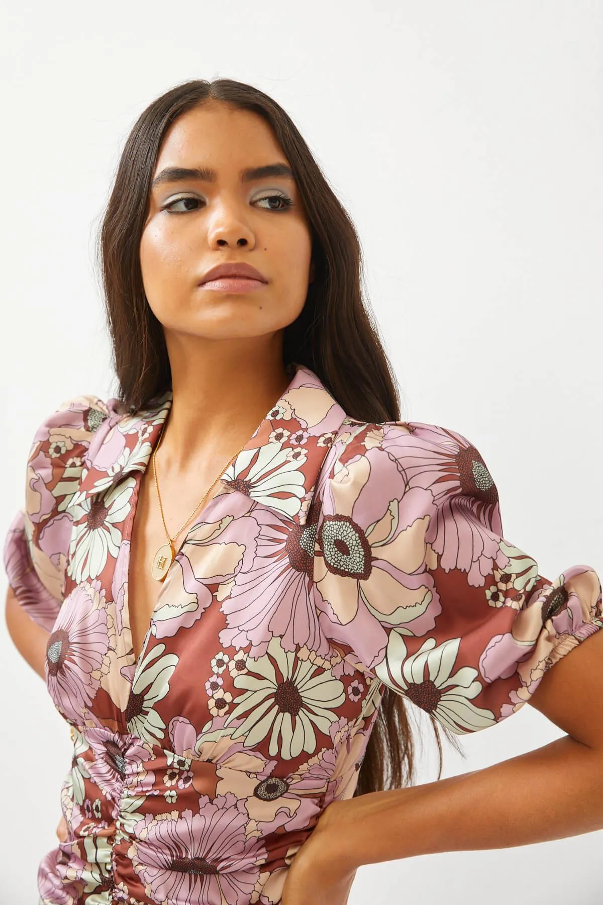 Floral Print Brown Silky Ruched Front Puff Sleeve Midi Dress