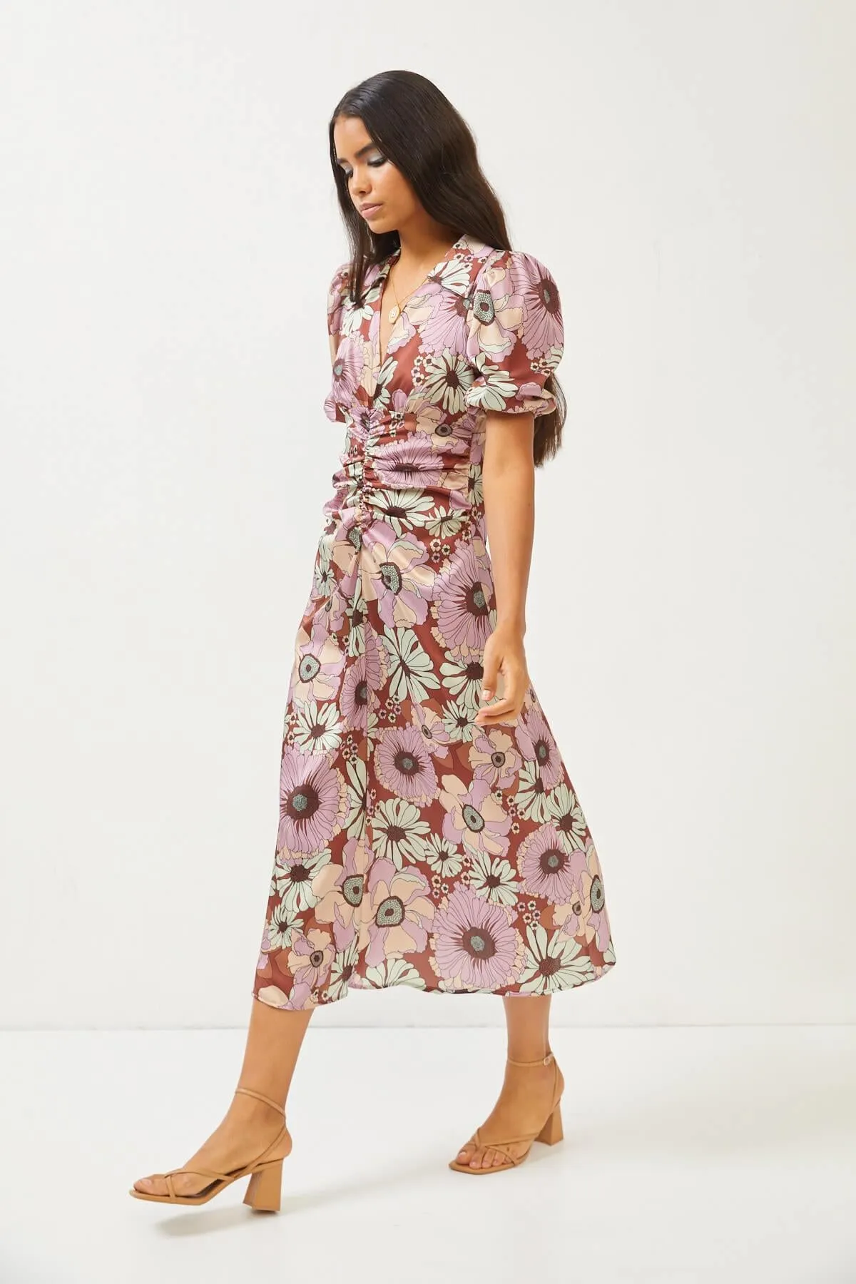 Floral Print Brown Silky Ruched Front Puff Sleeve Midi Dress