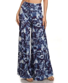 Foldover Palazzo Pants Denim Blue Tie Dye Lion