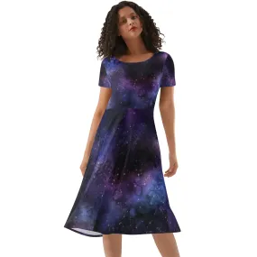 Galaxy Women's Short Sleeve Ruffle Midi Dress, Universe Outer Space Celestial Stars Print Evening Cocktail Party Cute Handmade Sexy Dress