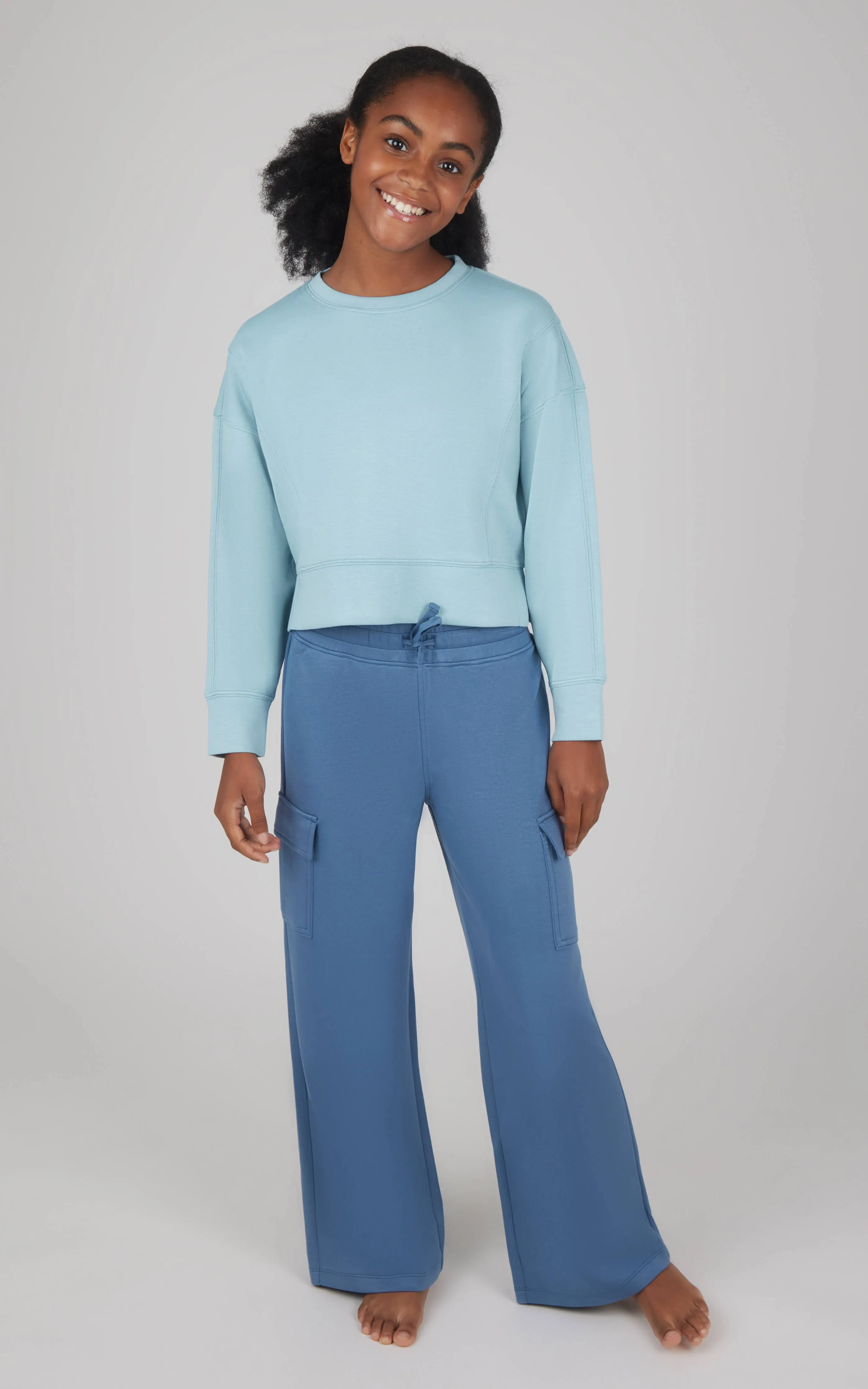 Girls Scuba Pullover and Wide Leg Cargo Pant - Forget Me Not Blue