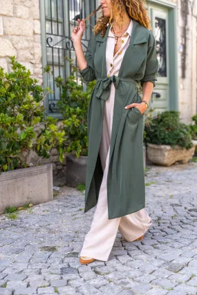 GNS Women's Beige Jacket with Collar, Buttoned, Pocketed, Belted, Loose Fit Trench Coat Bst3335 - Antequera