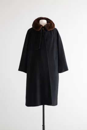 Gorgeous Late 1950's Black Cashmere Cocoon Coat With Mink Collar / ML