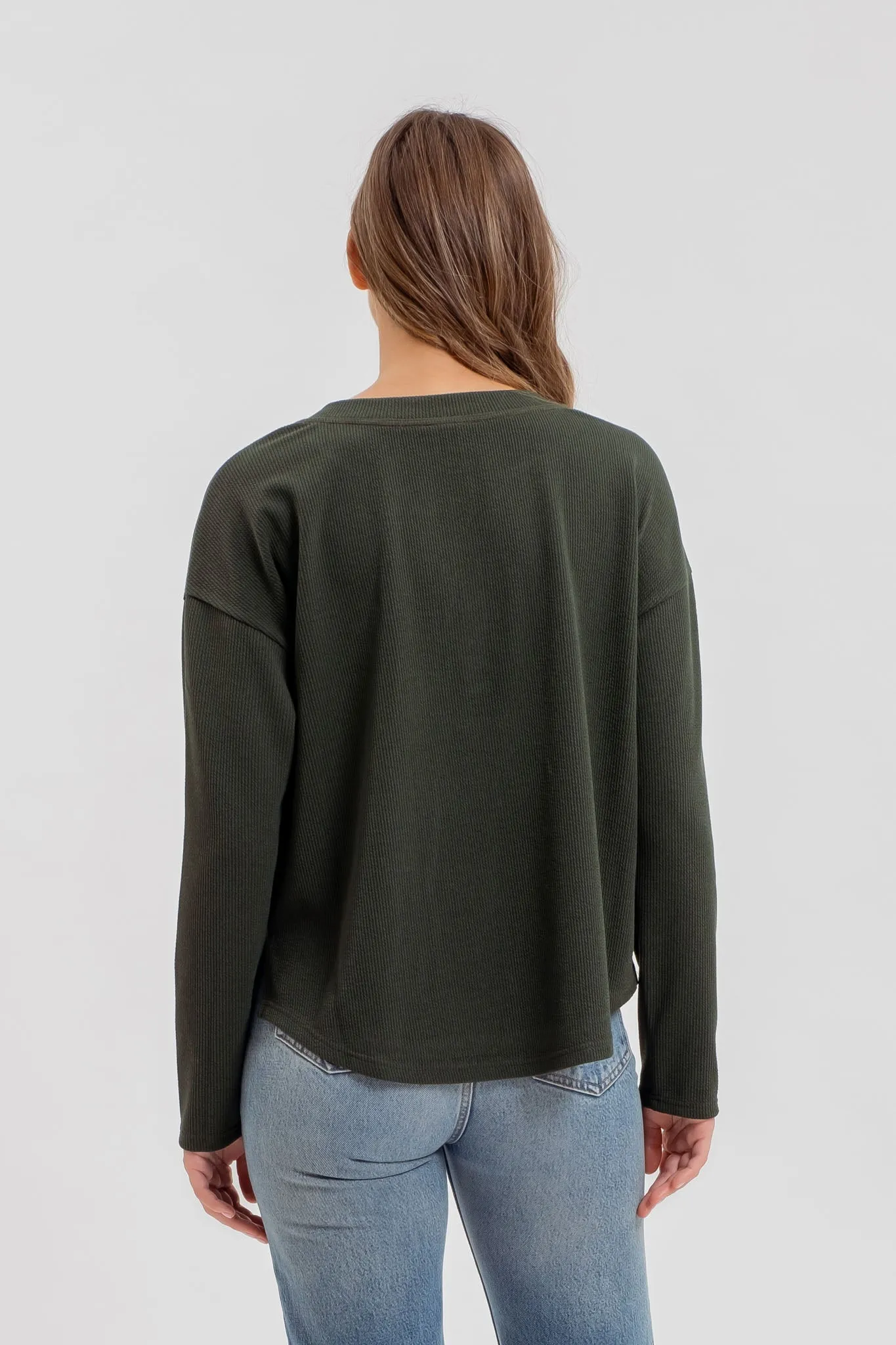 HALF BUTTON DOWN LONG SLEEVE HENLEY KNIT TOP