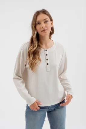 HALF BUTTON DOWN LONG SLEEVE HENLEY KNIT TOP