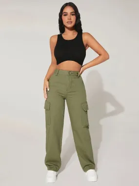 High-Waisted Cargo Jeans With Flap Pockets