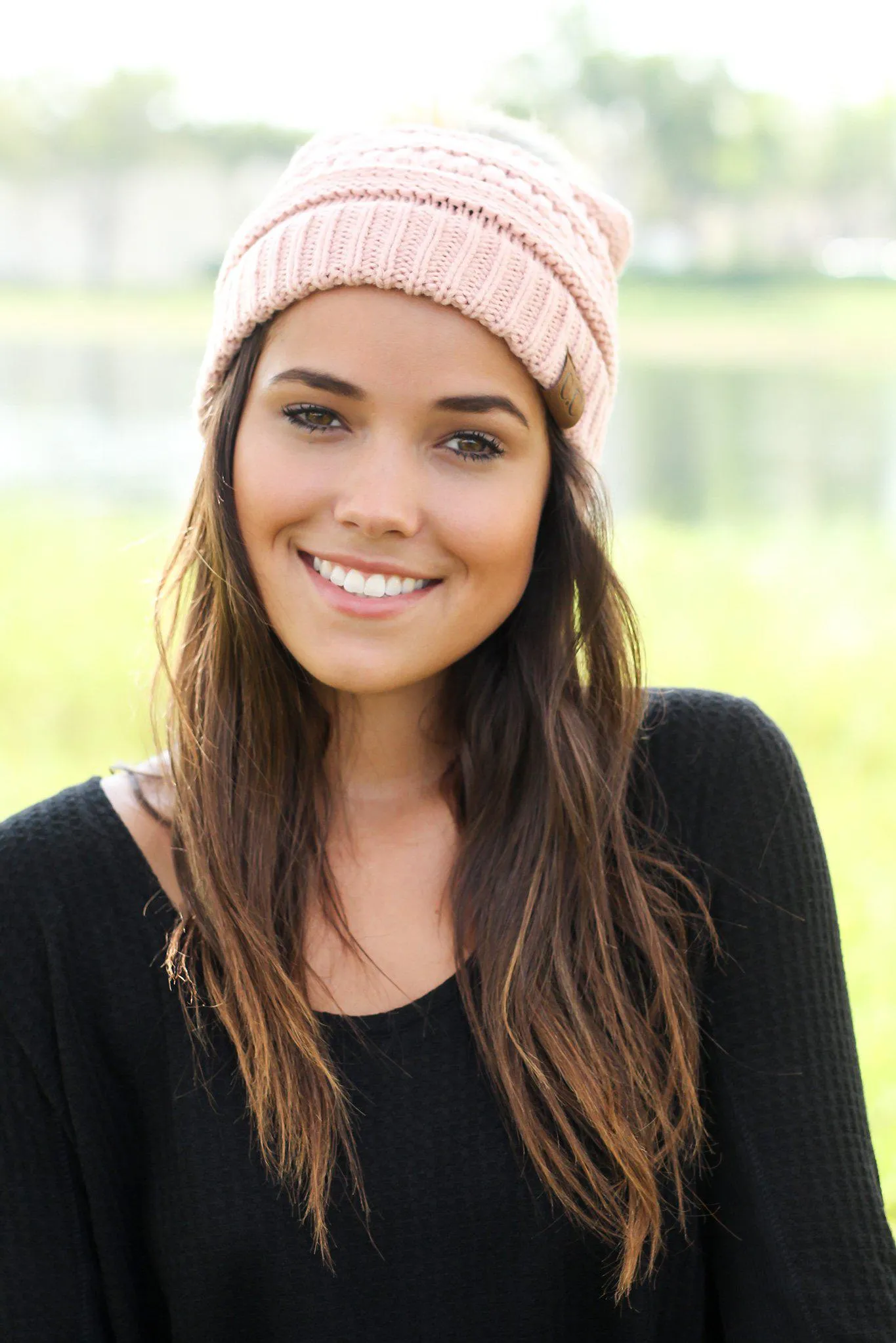 Indi Pink Knit Beanie with Pom Pom