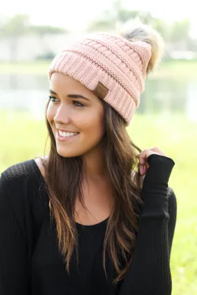 Indi Pink Knit Beanie with Pom Pom