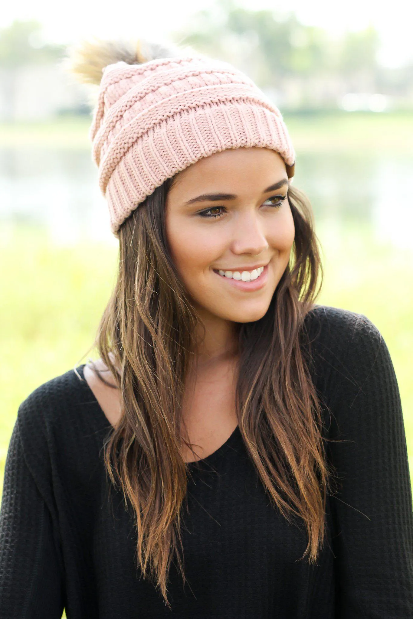 Indi Pink Knit Beanie with Pom Pom