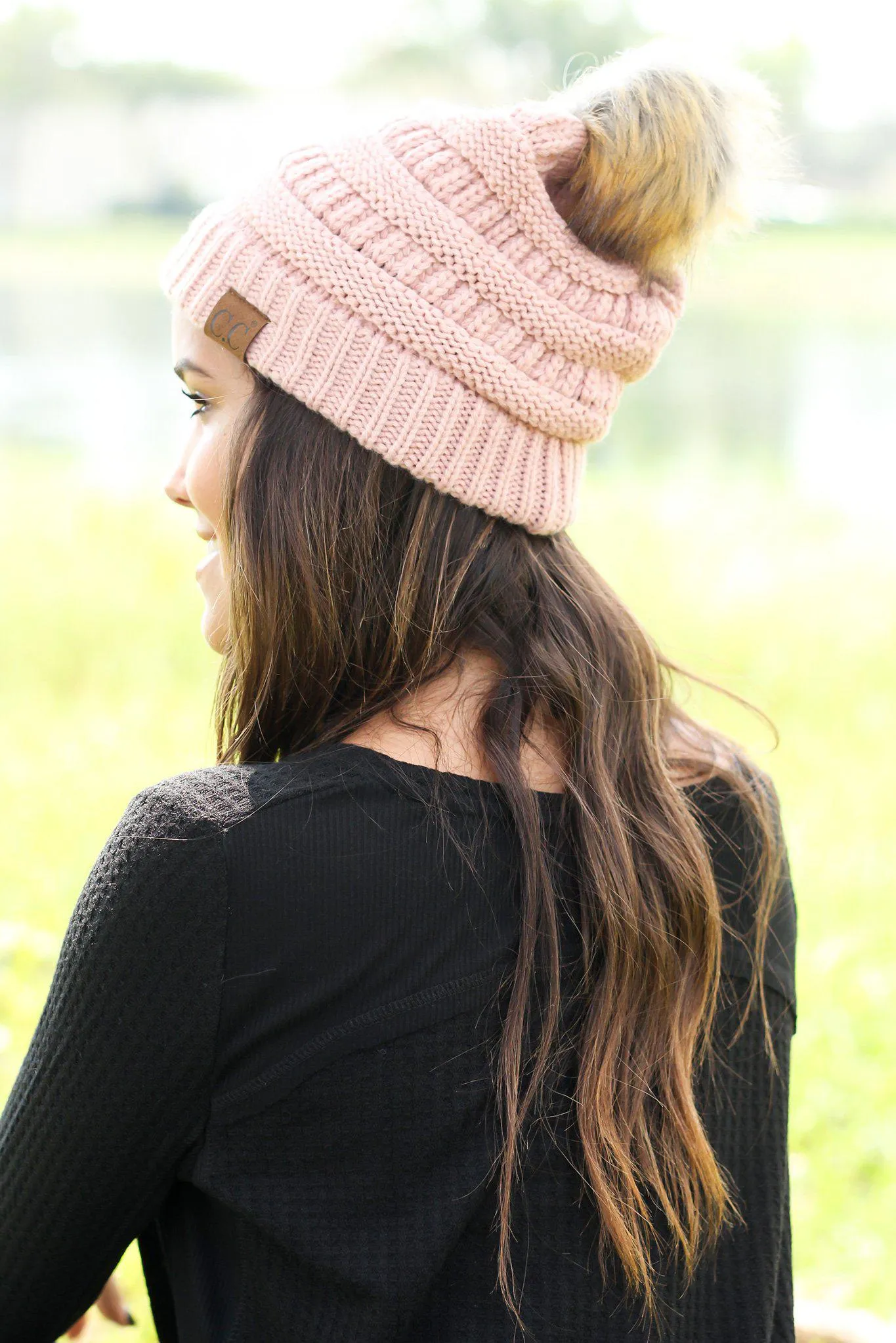 Indi Pink Knit Beanie with Pom Pom