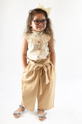 Ivory Frill Top and Blush Paper Bag Beige Pants 2pc. Set