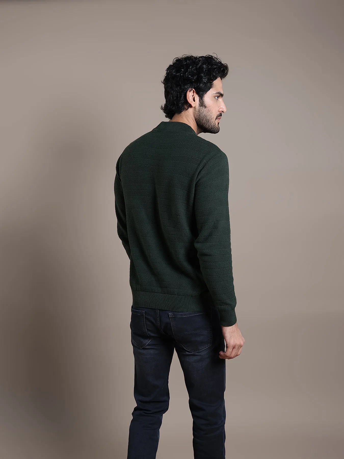 Knitted Dark Green Plain Regular Fit Full Sleeve Casual Pullover
