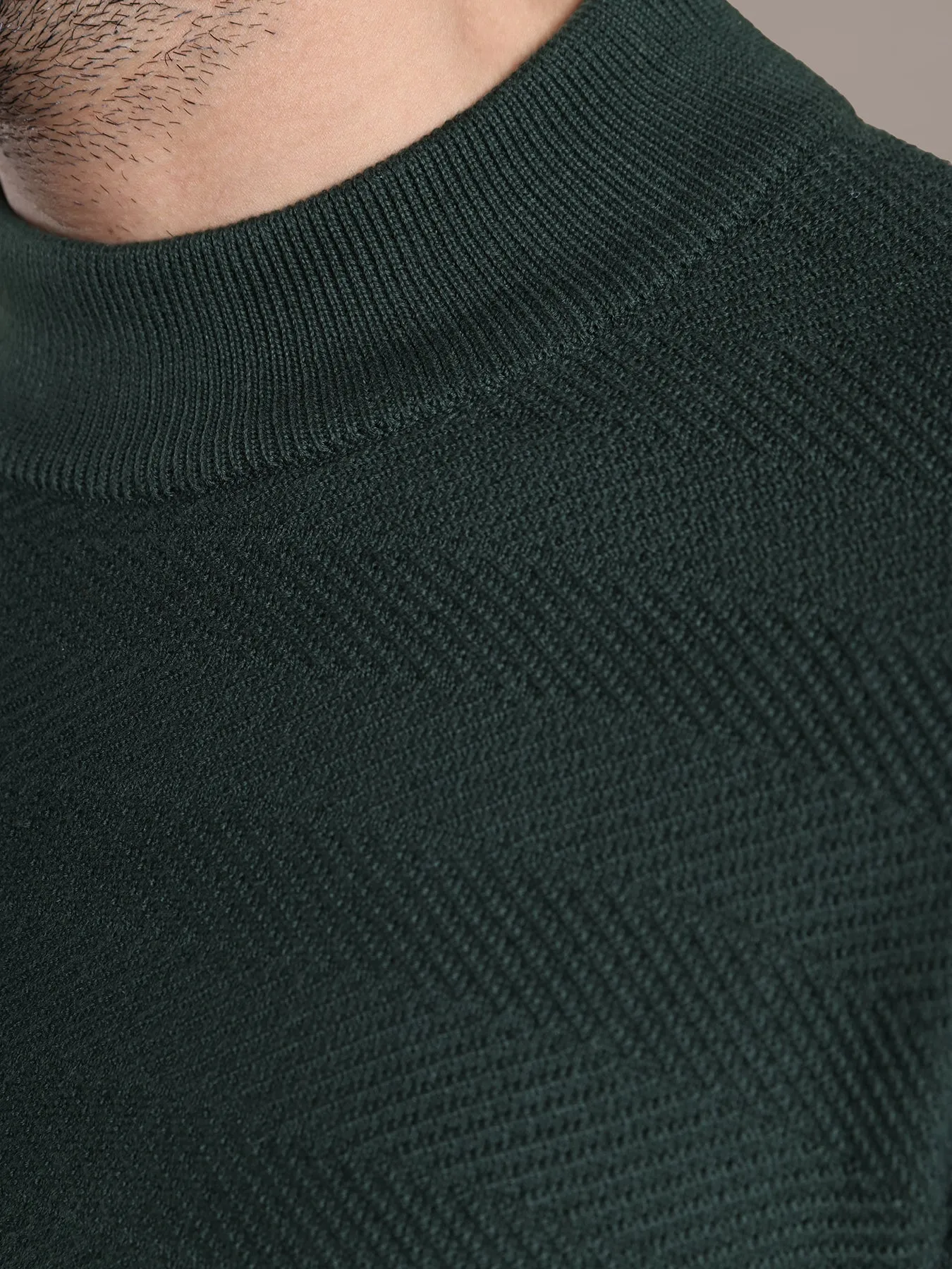 Knitted Dark Green Plain Regular Fit Full Sleeve Casual Pullover