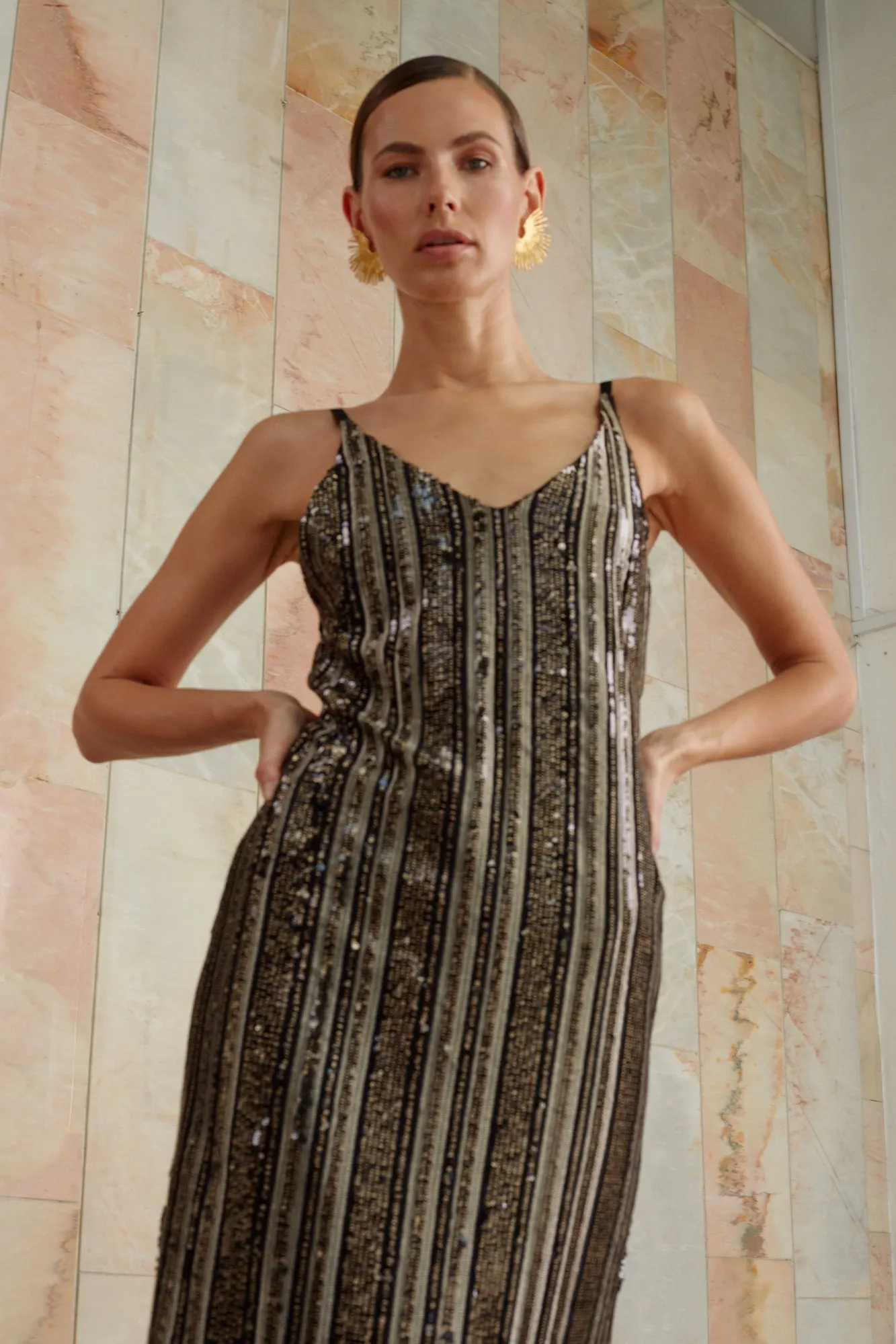 LAYLA black gold slip sequin dress