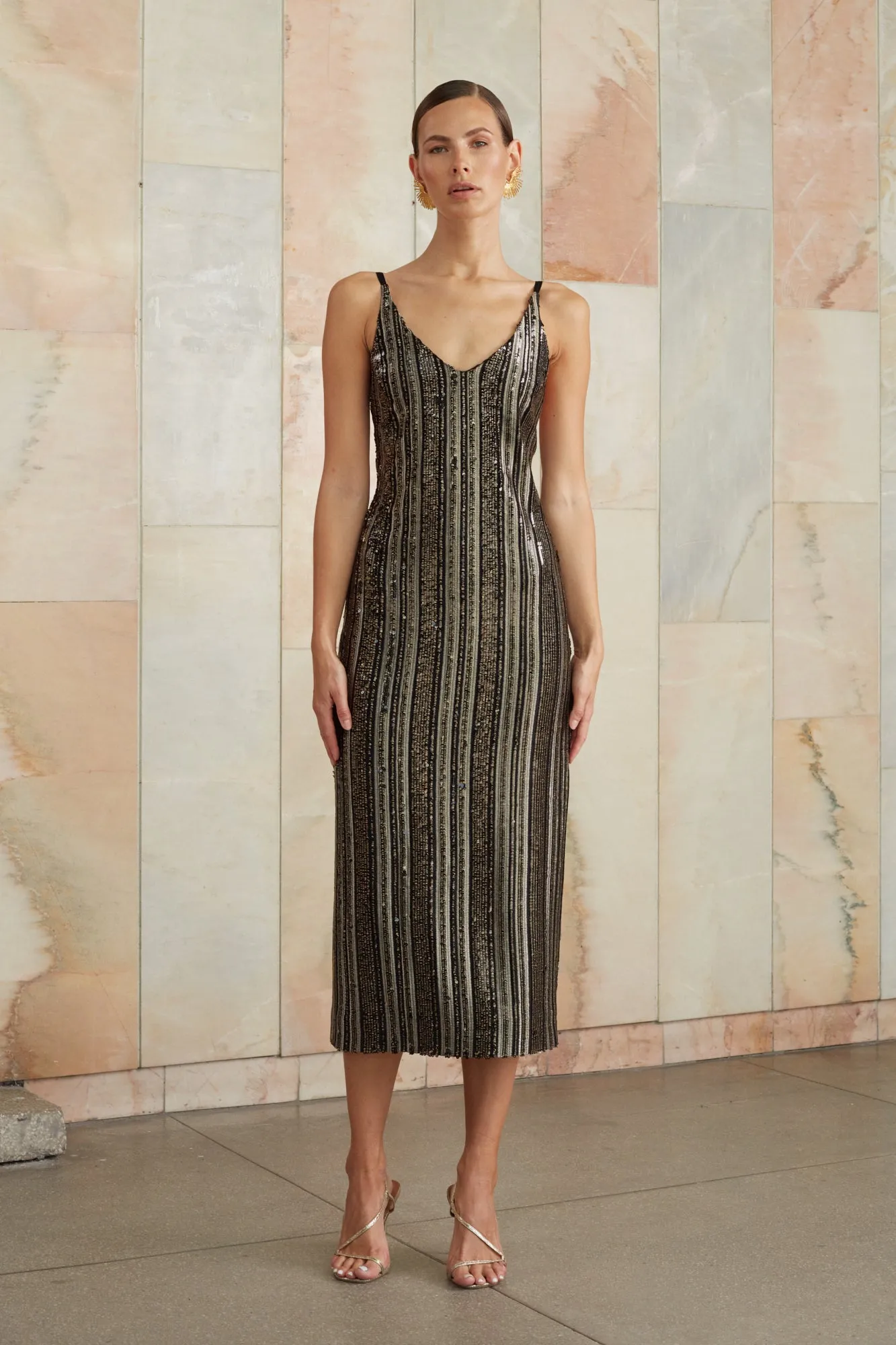 LAYLA black gold slip sequin dress