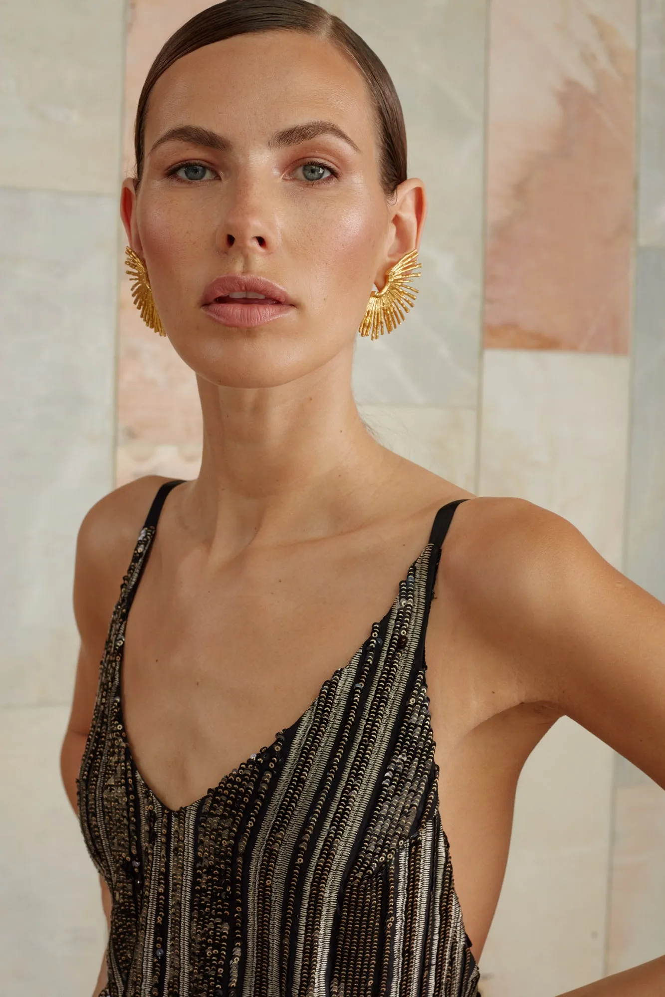 LAYLA black gold slip sequin dress