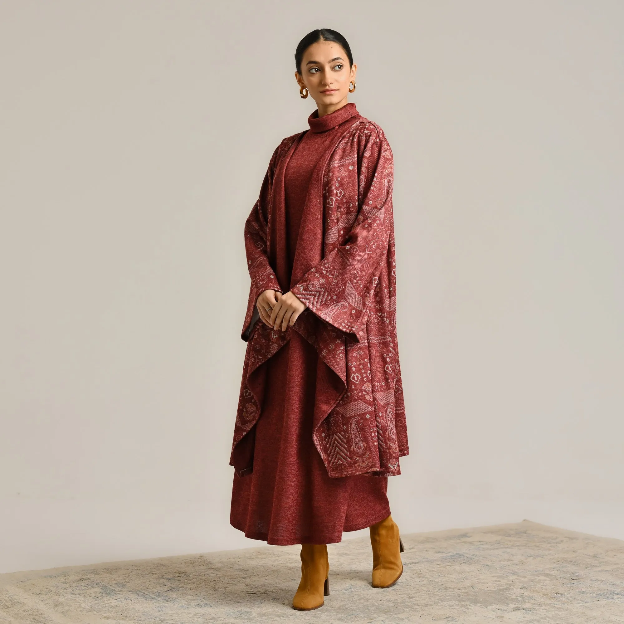 Maroon Woollen Winter Dress with Shrug