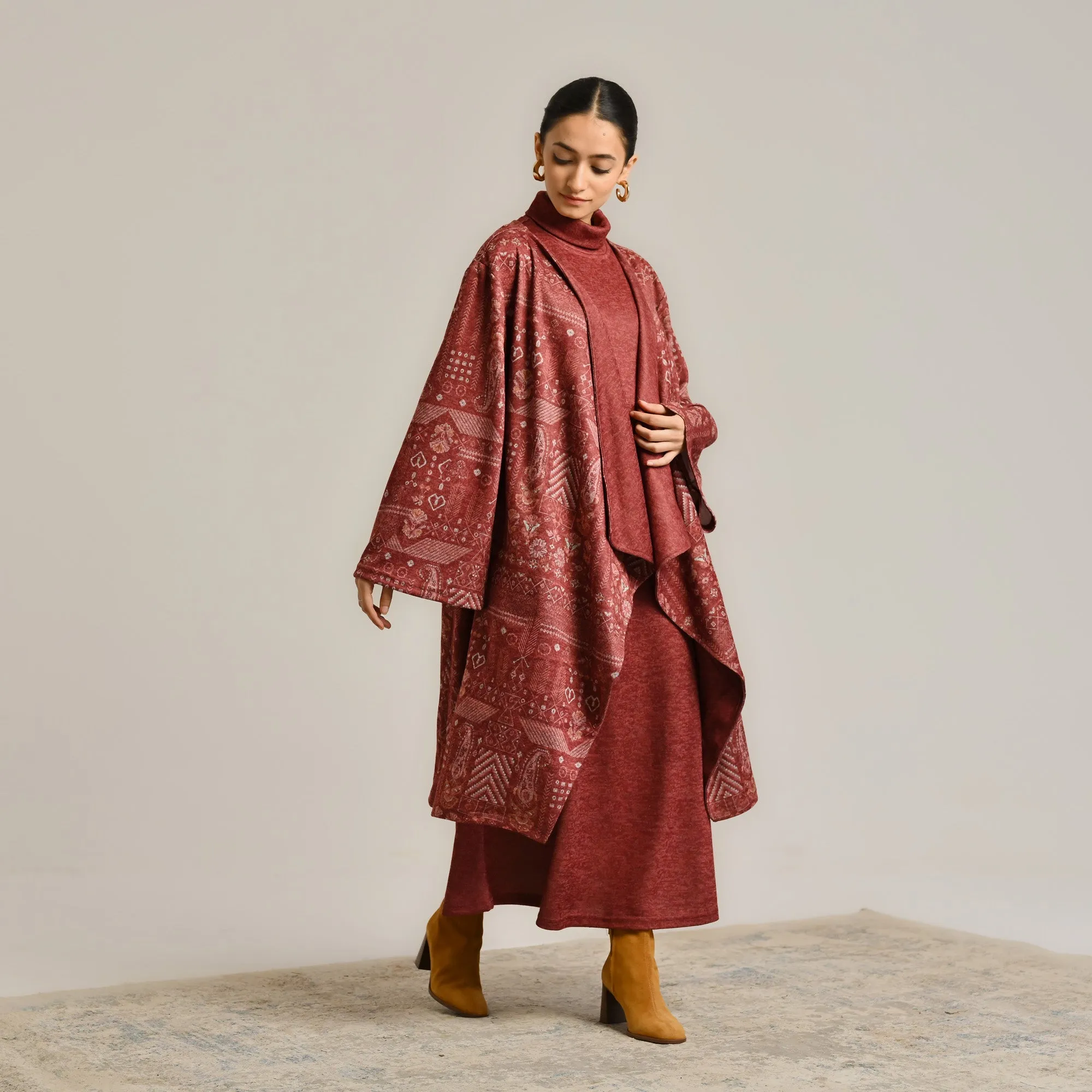 Maroon Woollen Winter Dress with Shrug