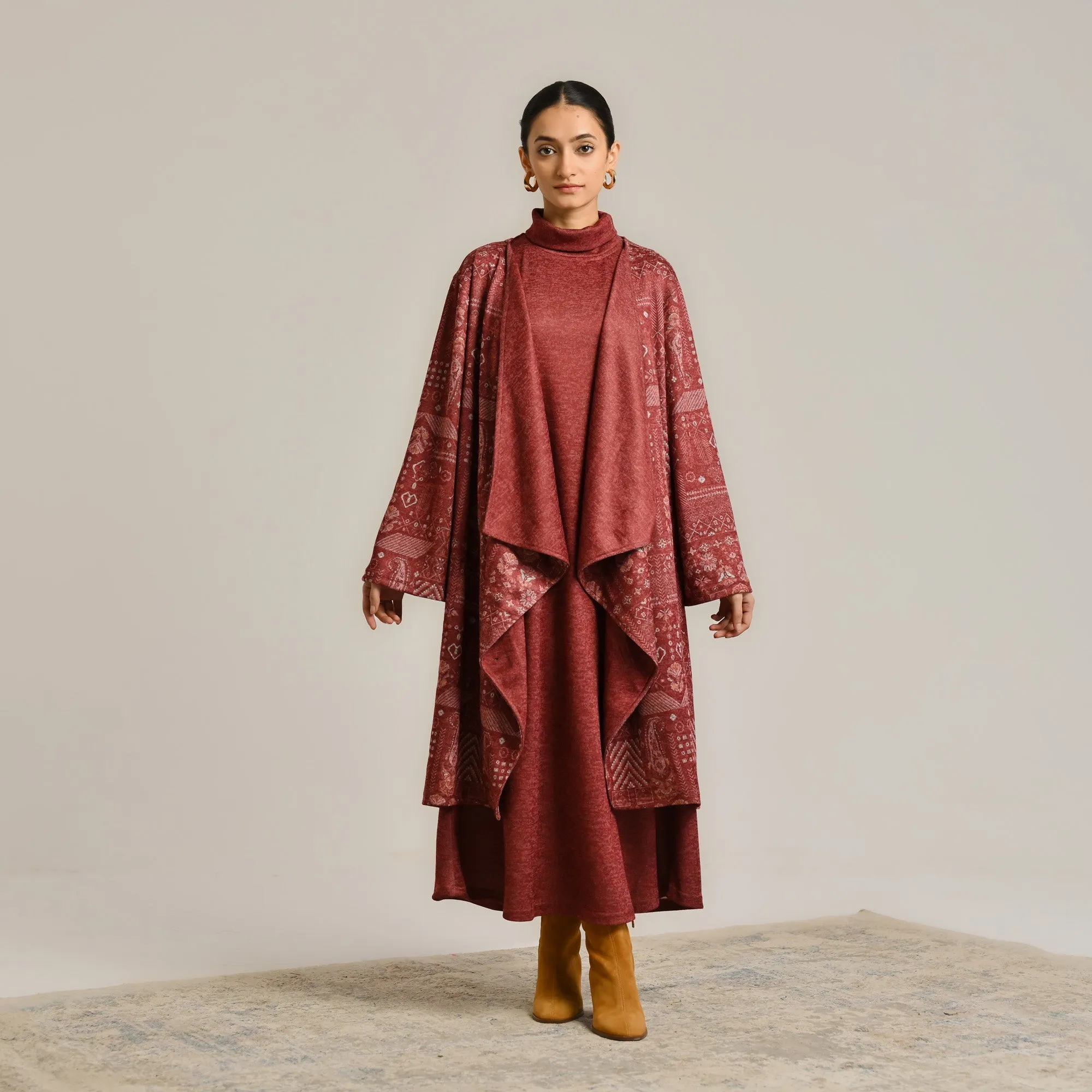 Maroon Woollen Winter Dress with Shrug